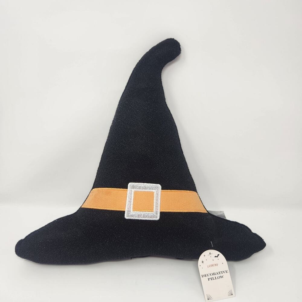Black & Orange Witch Hat Halloween Plush Pillow